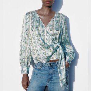 Zara Chain Print wrap Blouse in blue size M